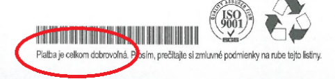 Detail listu, kde sa uvádza, že platba je dobrovoľná 